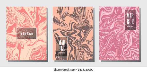 Beautiful marble prints, vector cover design templates. Fluid marble stone texture iInteriors fashion magazine backgrounds  Corporate journal patterns set of liquid clay waves. Splash effect prints.