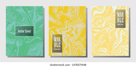 Beautiful marble prints, vector cover design templates. Fluid marble stone texture iInteriors fashion magazine backgrounds Corporate journal patterns set of liquid clay waves. Cover pages set.