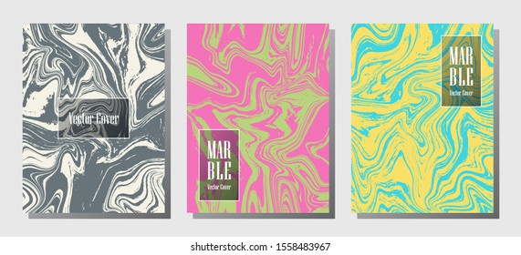 Beautiful marble prints, vector cover design templates. Fluid marble stone texture iInteriors fashion magazine backgrounds  Corporate journal patterns set of liquid ink waves. Notebook prints set.