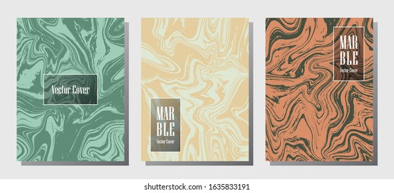 Beautiful marble prints, vector cover design templates. Fluid marble stone texture iInteriors fashion magazine backgrounds  Corporate journal patterns set of liquid oil waves. Invitation cards set.
