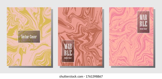 Beautiful marble prints, vector cover design templates. Fluid marble stone texture iInteriors fashion magazine backgrounds  Corporate journal patterns set of liquid clay waves. Cover pages set.