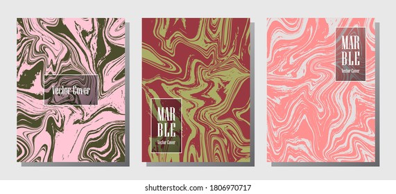 Beautiful marble prints, vector cover design templates. Fluid marble stone texture iInteriors fashion magazine backgrounds  Corporate journal patterns set of liquid clay waves. Notebook prints set.