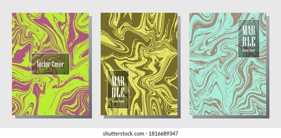 Beautiful marble prints, vector cover design templates. Fluid marble stone texture iInteriors fashion magazine backgrounds  Corporate journal patterns set of liquid ink waves. Cover pages set.