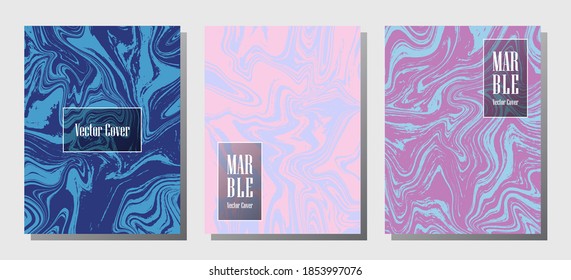 Beautiful marble prints, vector cover design templates. Fluid marble stone texture iInteriors fashion magazine backgrounds  Corporate journal patterns set of liquid ink waves. Report covers.