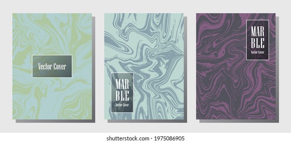Beautiful marble prints, vector cover design templates. Fluid marble stone texture iInteriors fashion magazine backgrounds Corporate journal patterns set of liquid oil waves. Posters set.