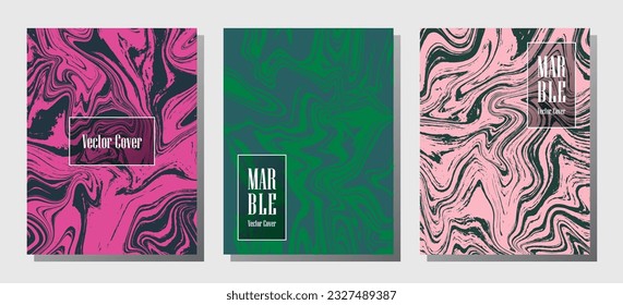 Beautiful marble prints, vector cover design templates. Fluid marble stone texture iInteriors fashion magazine backgrounds  Corporate journal patterns set of liquid ink waves. Report covers.
