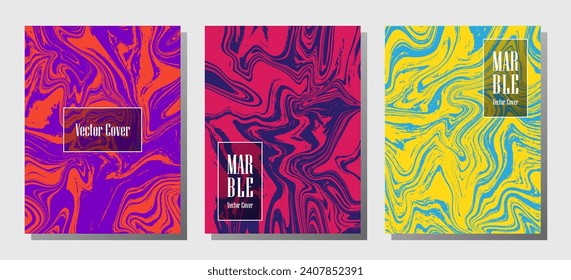 Beautiful marble prints, vector cover design templates. Fluid marble stone texture iInteriors fashion magazine backgrounds  Corporate journal patterns set of liquid clay waves. Cover pages set.