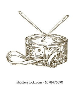 Beautiful Marching Drum With Drumsticks. Sketch. Engraving Style