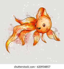 Beautiful marine fish. Goldfish. Valuehost red-orange.Watercolor vector.