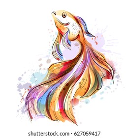 Beautiful marine fish. Goldfish. Valuehost red-orange.Watercolor vector.