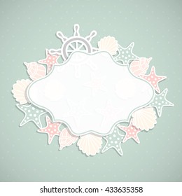 Beautiful marine frame with sea shells and starfish. Vector illustration.