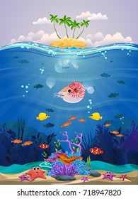 beautiful marine life with coral reef and sea fish . there is a beautiful little island.