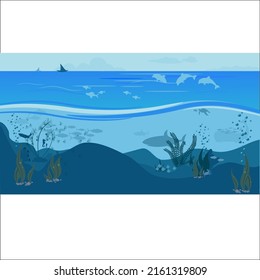 Beautiful marine life illustration design. vector flats. silhouette. blue