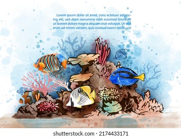 Beautiful marine life with the scene of under ocean coral reef area in watercolor style, example texts on white background. Card and poster of ocean in watercolor style and vector design.