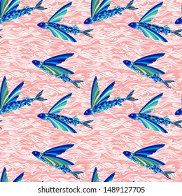 beautiful marine pattern with a flock of flying fish, they soared above the waves. seamless vector pattern