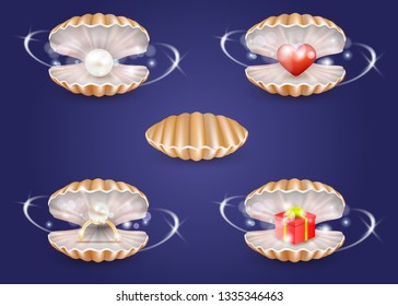 Beautiful marine pearl shell box set. Vector realistic mother-of-pearl seashells with shining pearl, engagement ring, red heart and gift box.