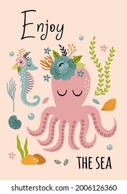 beautiful marine poster with octopus, sea horse
