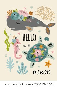 beautiful marine poster with turtle, sperm whale, sea horse