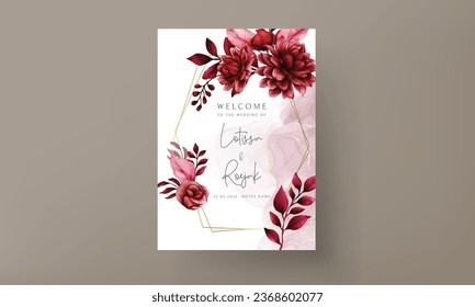 beautiful maroon flower and leaves wedding invitation template