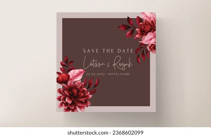 beautiful maroon flower and leaves wedding invitation template