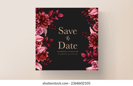 beautiful maroon flower and leaves wedding invitation template