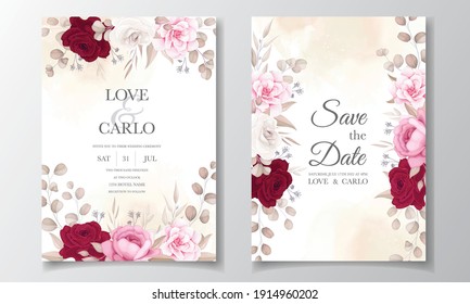 Beautiful maroon and peach floral and leaves wedding invitation card