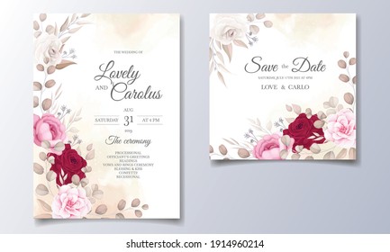 Beautiful maroon and peach floral and leaves wedding invitation card