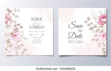Beautiful Maroon And Peach Floral And Leaves Wedding Invitation Card