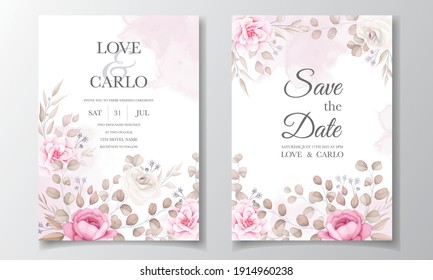 Beautiful maroon and peach floral and leaves wedding invitation card