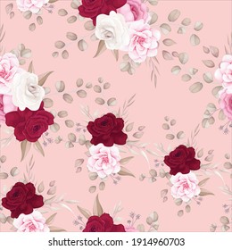Beautiful maroon and peach floral and leaves seamless pattern