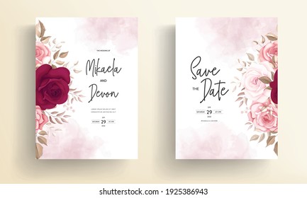 Beautiful maroon rose floral and leaves wedding invitation template