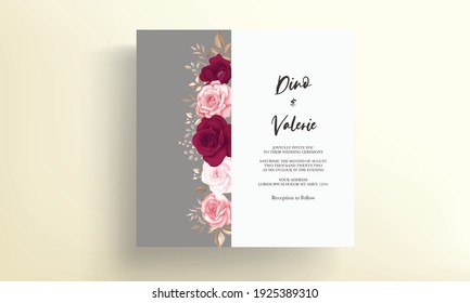 Beautiful maroon rose floral and leaves wedding invitation template