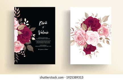 Hermosa marrón rosa floral y deja la plantilla de invitación a la boda