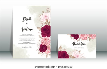 Beautiful maroon rose floral and leaves wedding invitation template