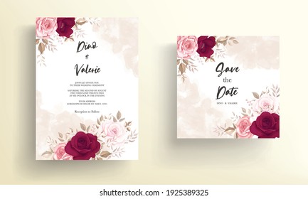 Beautiful maroon rose floral and leaves wedding invitation template