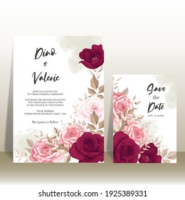 Beautiful maroon rose floral and leaves wedding invitation template