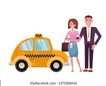Beautiful married couple next to a cute yellow taxi. Business man in suit and elegant lady called a taxi with a mobile phone. Side view. Isolated Vector flat cartoon illustration on white background