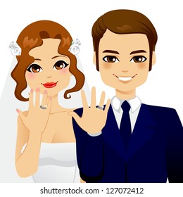 Beautiful married couple showing their diamond wedding rings