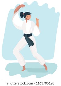 Beautiful martial arts girl in kimono exercising karate. Brunette woman practicing battle stance or defense stance. Vector cartoon illustration in modern concept