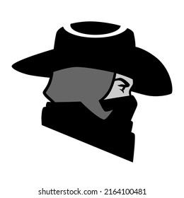 Beautiful masked cowgirl outlaw portrait symbol on white backdrop. Design element