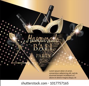 Beautiful Masquerade Banner With Mask, Bottles Of Champagne And Triangles. Gold And Black. Vector Illustration