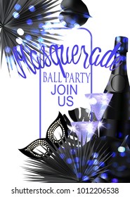 Beautiful masquerade banner with mask, goblets, bottles of champagne and tropical leaves.  Vector illustration