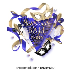 Beautiful masquerade banner with masks, beads,  bottles and glasses of champagne and ribbons. Gold and Black. Vector illustration
