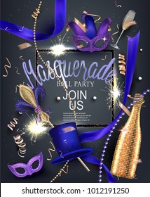 Beautiful masquerade banner with masks, beads, sparklers,  bottles and glasses of champagne and ribbons. Vector illustration