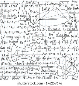 Beautiful mathematical vector seamless pattern with figures, formulas and equations, "handwritten on the copybook paper". You can use any color of background