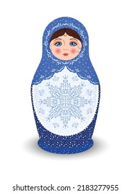 Beautiful Matryoshka with Blue Eyes. Stars Snowflake and Snow on Doll. Babushka in a Winter Headscarf. Front view. Color Cartoon Fashion style. White background. Vector illustration for Holiday Design