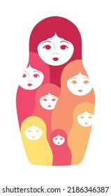 A Beautiful Matryoshka Doll with a Pretty Face. There are other Little Dolls Inside the Matreshka. Color Flat Cartoon Fashion Style. White background. Vector illustration.