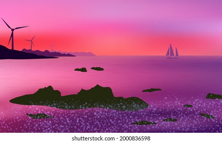 Beautiful mauve sunset with wind power generators on distant hills and sailing yacht. Rocky shore and sea foam.