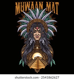 A beautiful Mayan girl with feather decoration on her head and leaves, at the bottom there is a ladder that resembles a pyramid.
