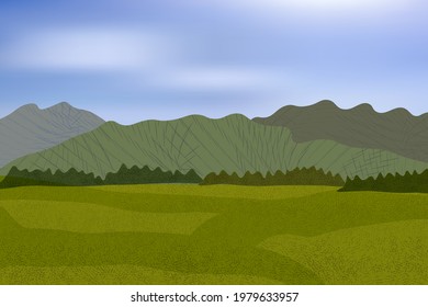 Beautiful meadow with distant stylized mountains and trees.